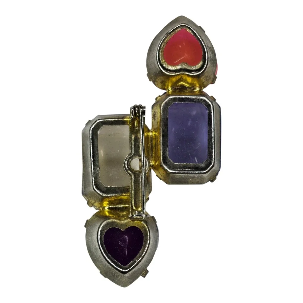 Vintage Brooch Glass Multi Heart Emerald Cut Rhinestone Vintage Pin Pink Purple